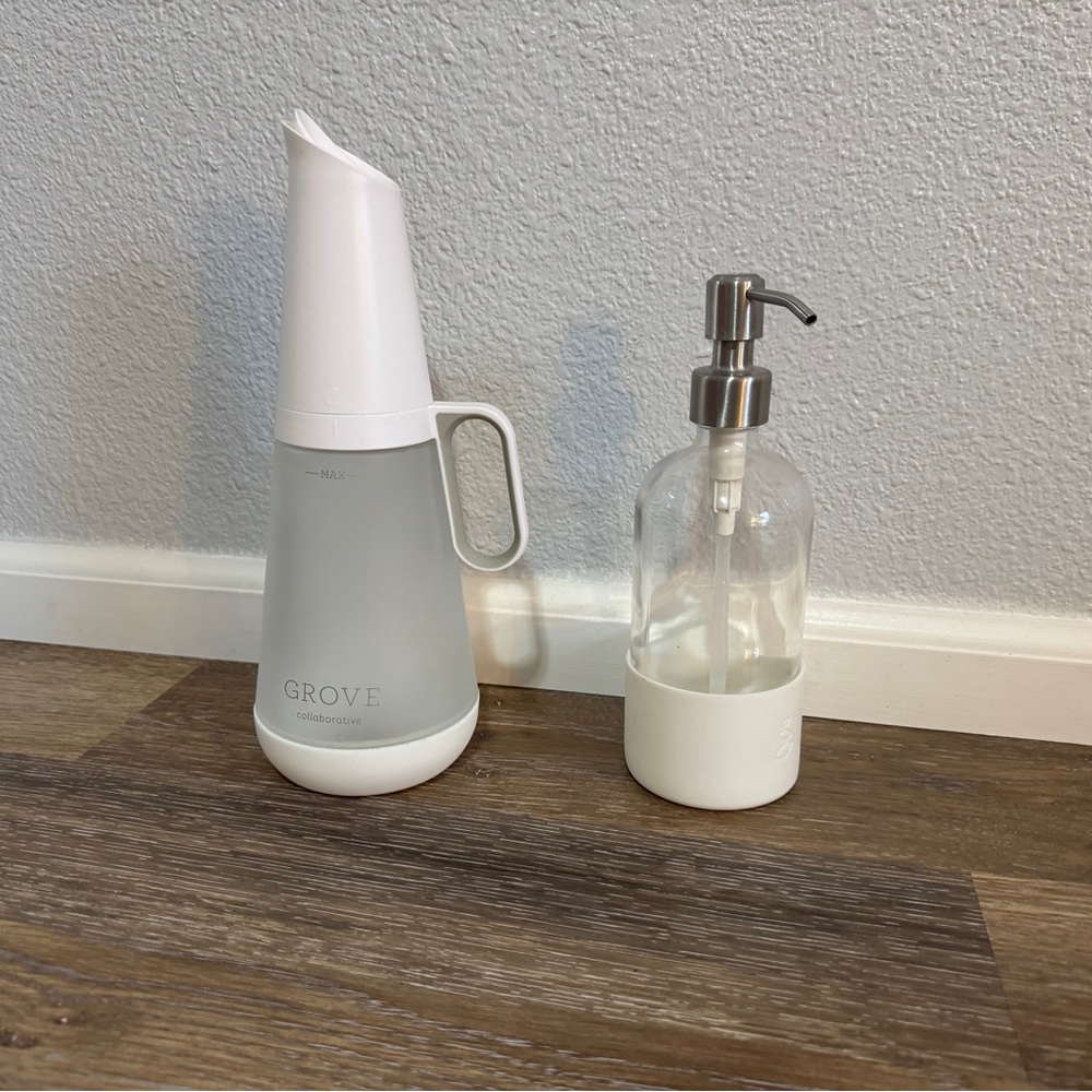 Grove Glass + Silicon Soap Dispenser & Laundry Detergent Dispenser Set EUC White